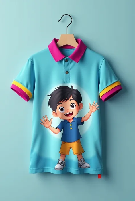 Create a polo model for ren with early stimulation , Where the background is blue without design and on the edges of the sleeves and round neck it is yellow and fuchsia