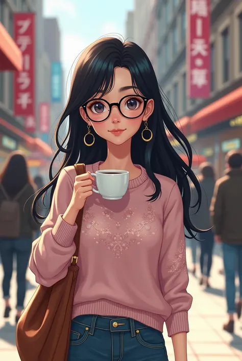 Une jeune femme aux cheveux noirs et aux lunettes noires marche dans une rue de la ville et boit un café. Elle porte un pull rose clair à motifs.