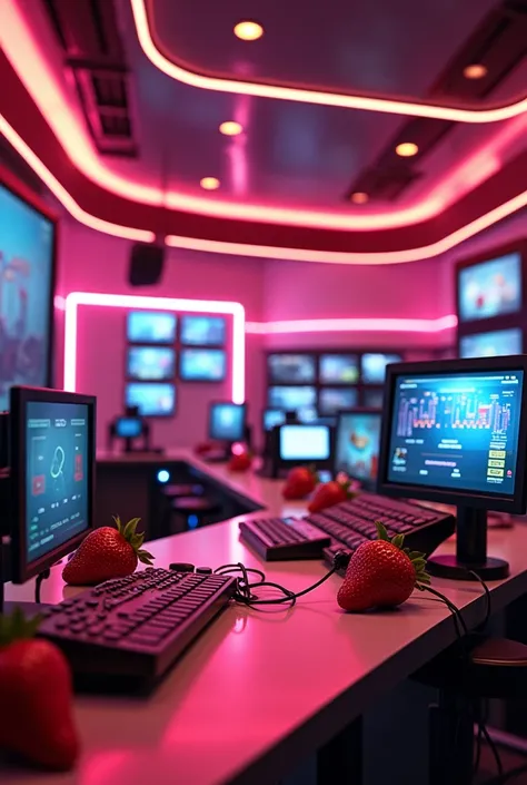 Cybernetical studio of television radio with screens microphones radio pink lights and strawberries