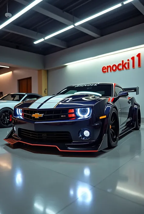 Chevrolet N200 year 2011 with wide body and tuning in the background of a showroom and on a wall the name of enocki01 