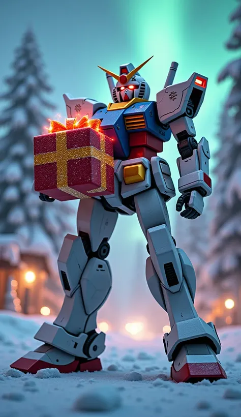 A majestic Gundam standing in the middle of a snowy field, holding a giant Christmas gift wrapped in red and gold ribbons. Snow-covered pine trees and warmly lit houses surround the scene. Above, the sky glows with vivid northern lights in shades of green ...