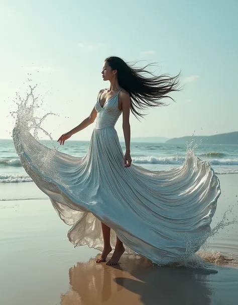 A surreal and dynamic photograph captures a woman standing on a sandy beach, wearing a striking, strapless gown that appears to be made of reflective silver fabric or liquid. The dress flows dramatically around her, creating intricate patterns with smooth,...