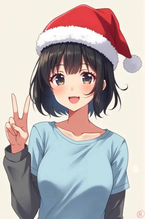 Male anime girl black hair Christmas hat light blue t-shirt gray shirt smile looking at the camera with her hand✌🏻