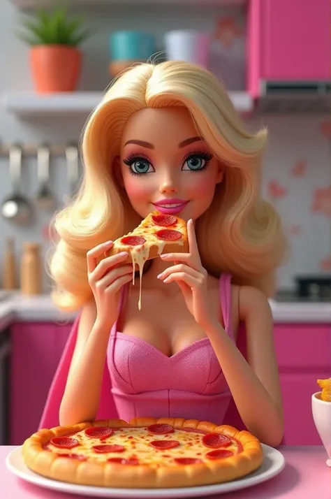 Barbie eats a pizza