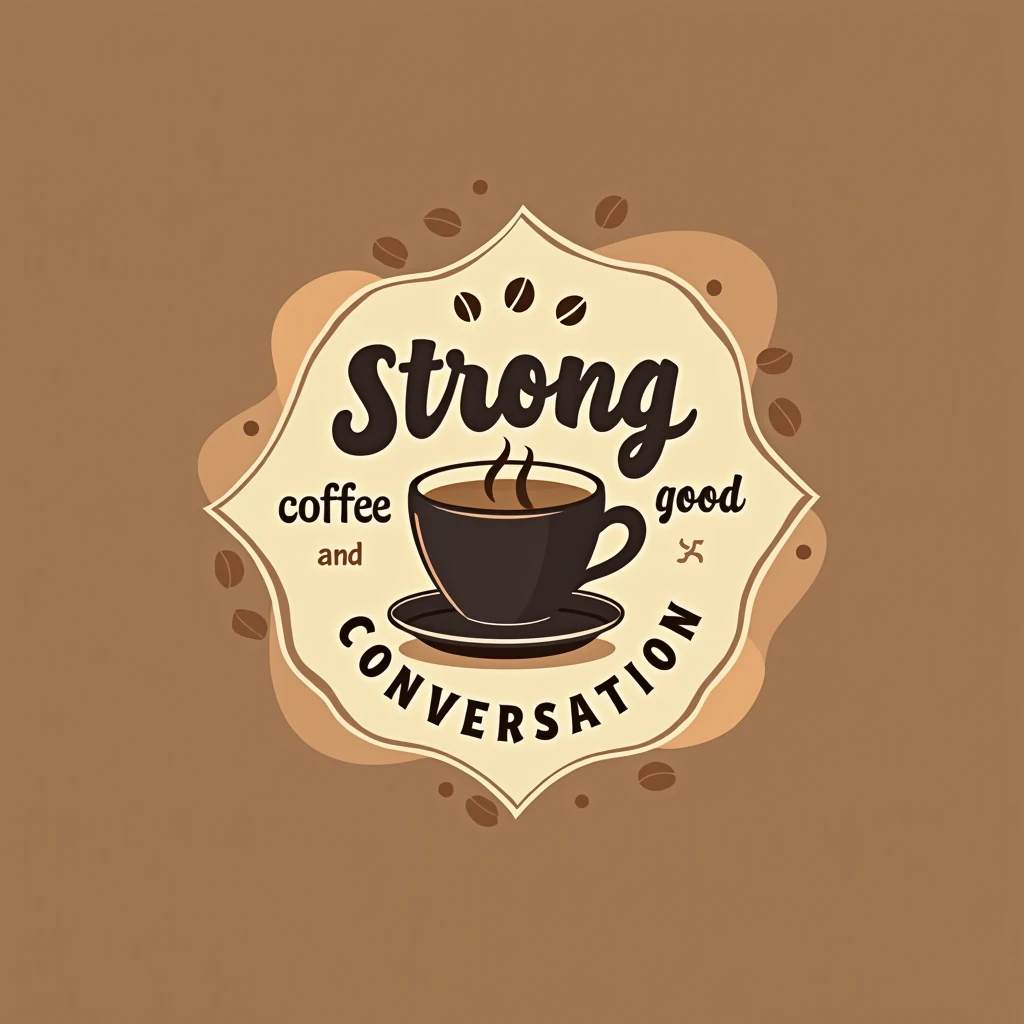 LOGO WITH THE PHRASE" Strong coffee and good conversation " .  brown color palette , beige and cream 
