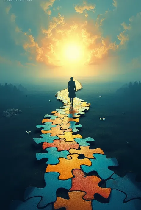  concept:  A path made of puzzle pieces leads to the horizon, where an intense light illuminates the end of the path .  • Color Palette : shades of blue, gold and white. • Impact :  symbolizes overcoming and the positive impact of the diagnosis . light at ...