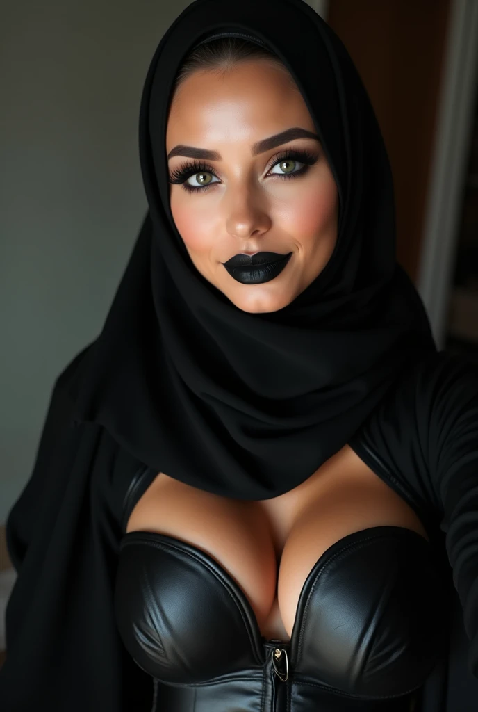 Hijabi beautiful black lips black eyeliner woman juicy face low-cut leather corset big breast selfie