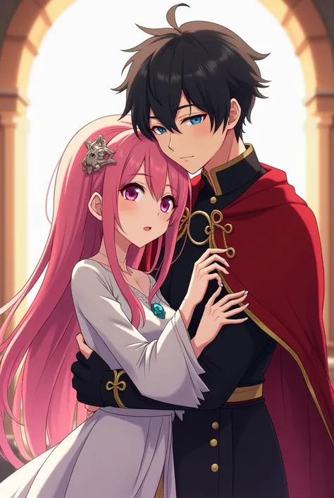 Boku Female Anime , long pink hair, left eye pink,  while the right one is blue, dressed as Reyna ,  Boku anime man ,  short black hair , lead eye , dressed as a king,  place in the kingdom , hugging the 2  