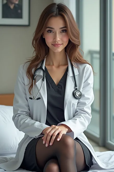 1 woman, solo, light skin, long brown hair, wearing white doctor’s coat, stethoscope around neck, black sheer tights, sitting position, professional attire, confident expression, medical setting, angled shot, soft indoor lighting, focused on upper body and...