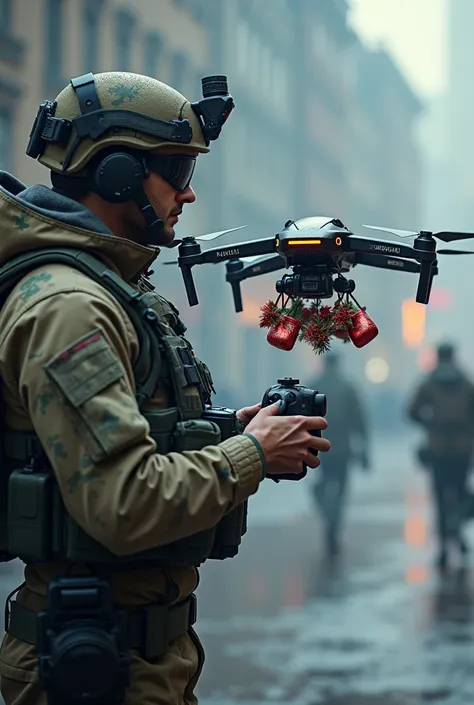  A modern military man with a positive SHATUN controls an FPV drone with glasses. Christmas toys weigh on the drone . A  