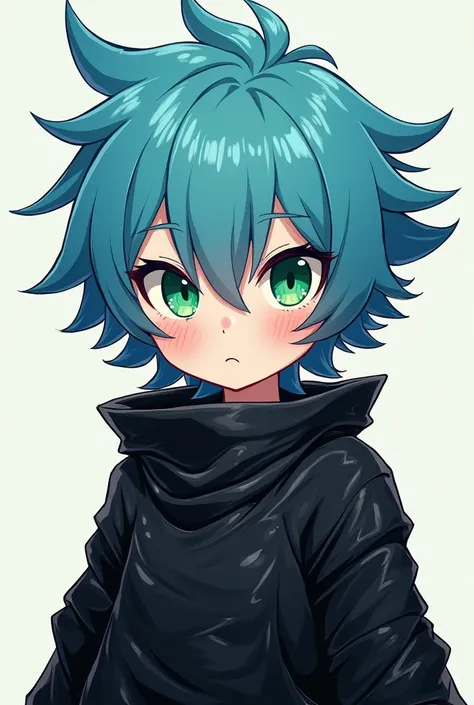 Blue haired 2d character,  green eyes,  black clothes glued together