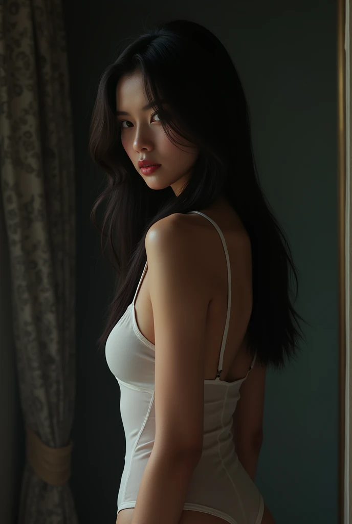  scene of a beautiful woman of Thai origin,long straight rambutt, facing half to the side ,,with a sullen face facing sideways the eyes glancing cynically at the audience! thin white negligee ,, in a dark room ! the night