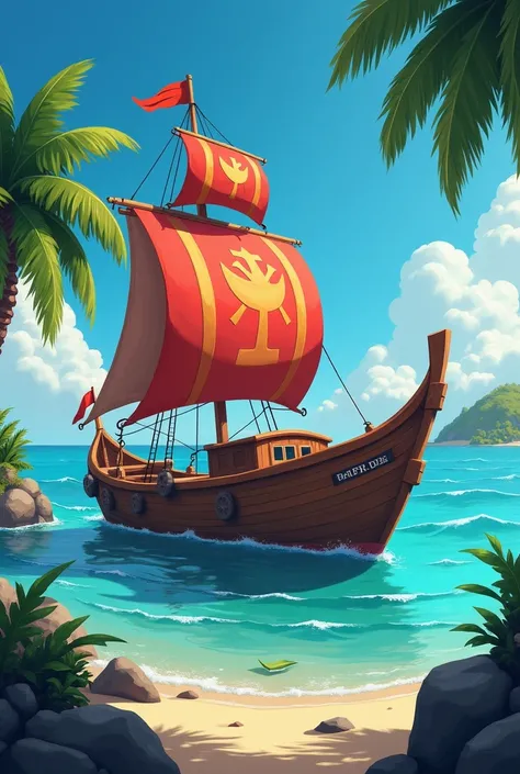 Create an image of a broken or damaged boat on the island where four teams of prospectors for a magic chest of these colors will have to repair them that correspond to these Red Team abilities: Fierce Warriors,  known for their strength and determination ....