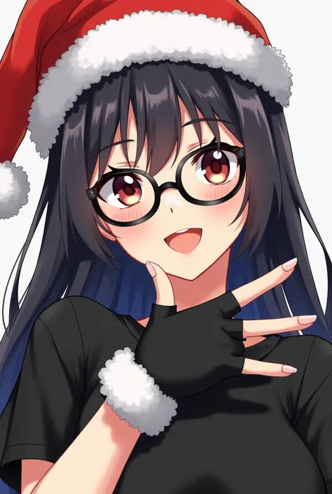 Anime masculina chica pelo negro todo largo gorro de navidad polera negra y guantes cortados los dedos y sonriendo a la camara con su mano ✌🏻 y gafas negras normales