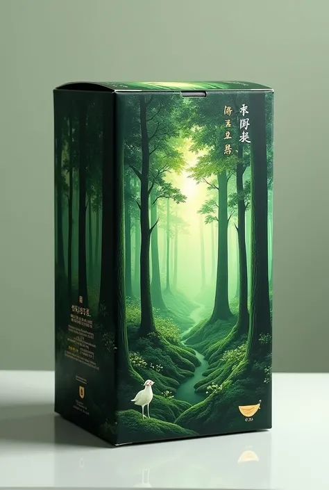 create a tea packaging box with two color combination green and black and the design could be forest