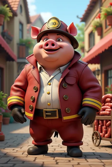 Pig as a firefighter who sells blood sausage 