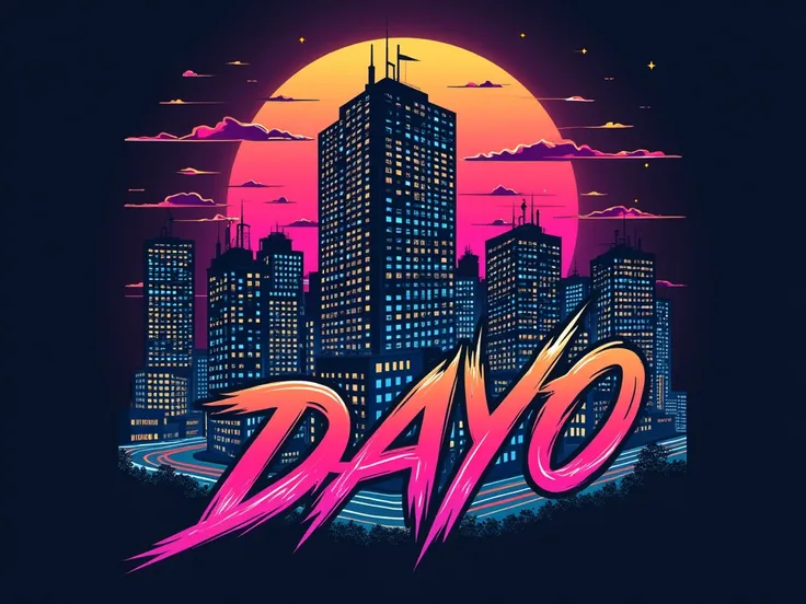  Graphic design in cyberpunk vectors in the Japanese style edo city of Medellín with neon and buildings and there is the Coltejer building in Medellín,  the design is for printing on a t-shirt , with the Text "DAYO " todo en un estilo de los años 80s