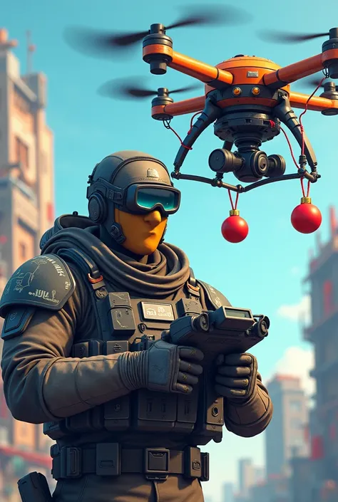 A modern soldier in a bulletproof vest with a positive SHATUN controls an FPV drone with glasses. Christmas toys weigh on the drone . in cartoon style 