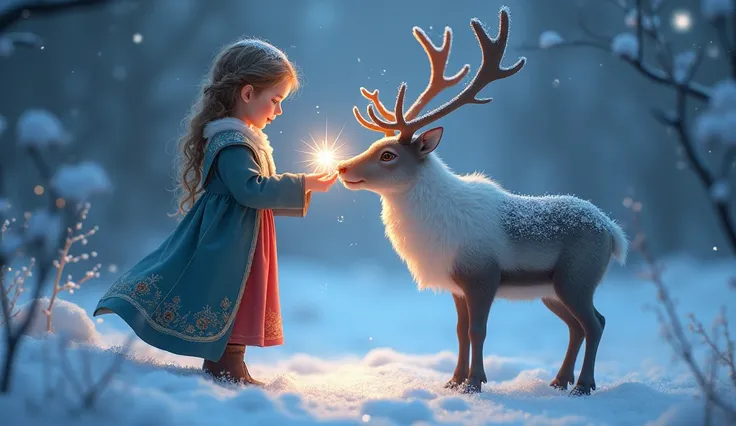 9.	The Reindeer Redemption
Lily touching the corrupted reindeeru2019s muzzle as streams of light emanate from her hands, purging the darkness and restoring its true form.
