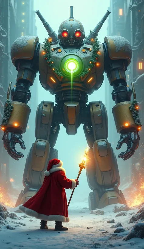 "Uma cena futurista onde Santa Claus enfrenta um Robô Gigante Natalino,  a colossal machine made of shiny steel ,  decorated with Christmas lights ,  garlands and a giant metallic cap .  The robot has luminous red eyes ,  arms armed with ice cannons a brea...