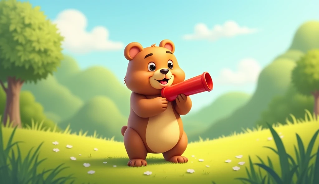 The bear is blowing a red whistle