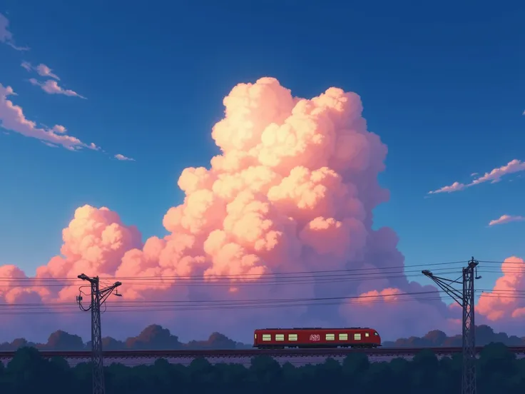 Attractive sky footage、Beautiful clouds illuminated by light、Animated scene of a train passing under blue and red skies, Anime drawing by Makoto Shinkai, Topics on pixiv, magical realism, Beautiful anime scene, Space Sky. by Makoto Shinkai, ( ( makoto shin...