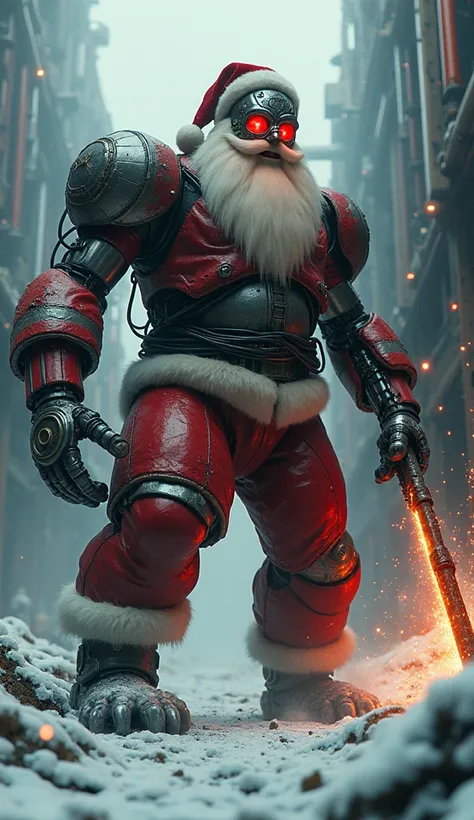 " An insane fusion between Santa Claus and the Giant Christmas Robot ,  forming a hybrid technological and frightening entity .  The creature has the metallic body of a robot ,  but with parts of Santas red costume funky steel .  His face is a metallic mas...