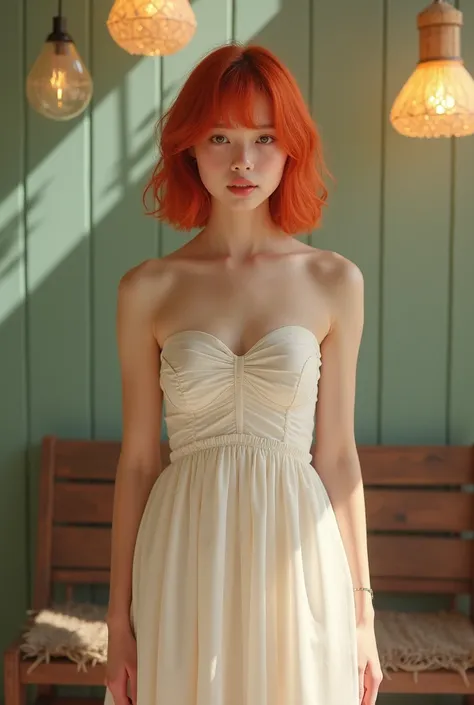 She is wearing an outfit of a white strapless dress , , ella posa standing c. Her short wavy red hair and ruby red bangs add a vibrant touch, mientras que el ambiente interior con Soft lighting crea un equilibrio, a slightly playful atmosphere.short red el...