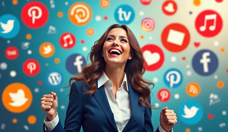 Show a professional businesswoman or man celebrating success, surrounded by social media icons. Use vibrant colors and compelling typography to emphasize engagement and reach, showcasing the power of a reliable SMM panel. Use vibrant, engaging typography t...