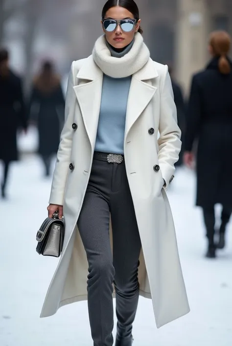 For January as an elegant street fashion model, the look would combine winter sophistication with modern chic. The model wears a tailored, double-breasted coat in icy silver or frosted white, made of luxe wool with minimalist lines, high collars, and metal...