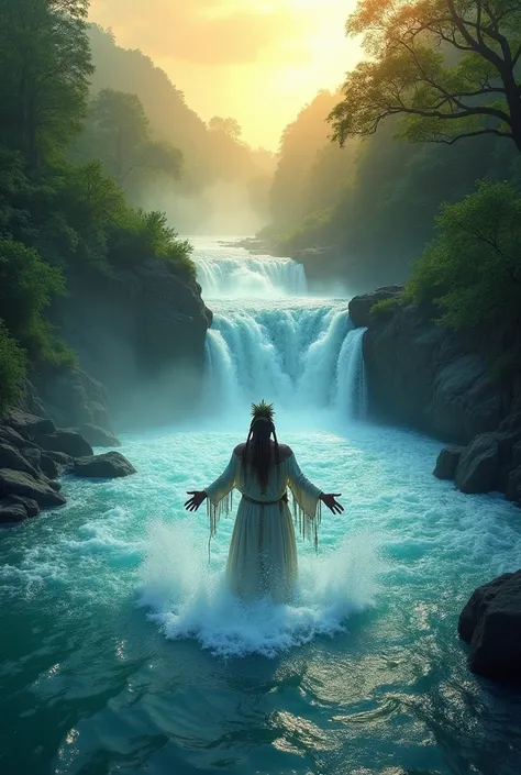  A powerful river flows through a lush , green landscape ,  whose water is shimmering ,  blue light glows .  In the middle of the river stands an Achagua shaman with outstretched arms,  while water jets rise around it like magical spirals .  The sky is int...