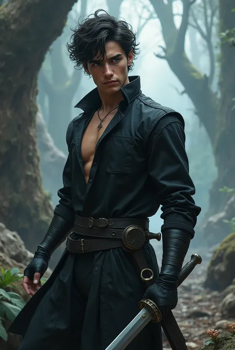  Take me a picture with a sword in a black uniform in his hand, slim muscular physique with 8 cubes, about a man with dark curly hair ,  about a 25 year old man with blue eyes, into a fantasy world 