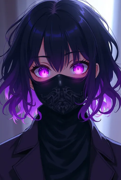   curly black hair with purple highlights under the ear ,wearing balaclava style mask , anime style 