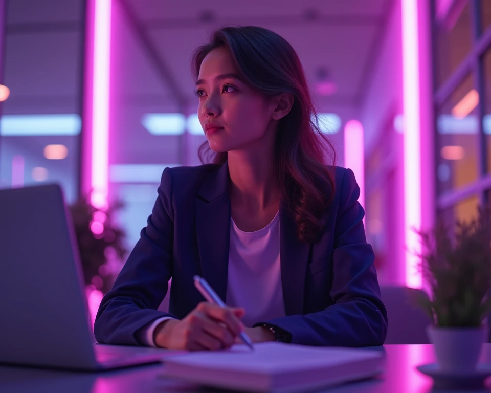 Create in 4k quality , a student of Information Systems Management in purple tones