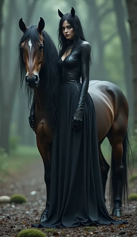  Horse with a female human body similar to the scarlet sorceress in tight black clothes,with horsehair h 