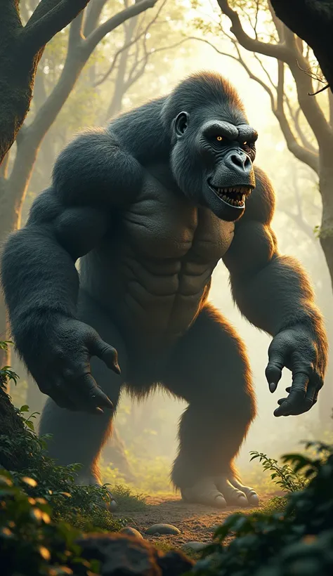 Create a hyper photorealistic image of an angry giant hybrid creature combining the elements of a gorilla and t rex in a forest