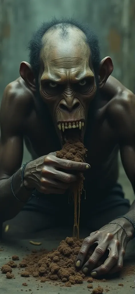 Ilyusha man with an Austrolopithecus skull and a dark man eats dog crap