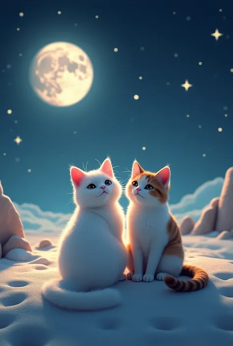 WHITE CAT AND CALICO CAT SITTING ON THE MOON