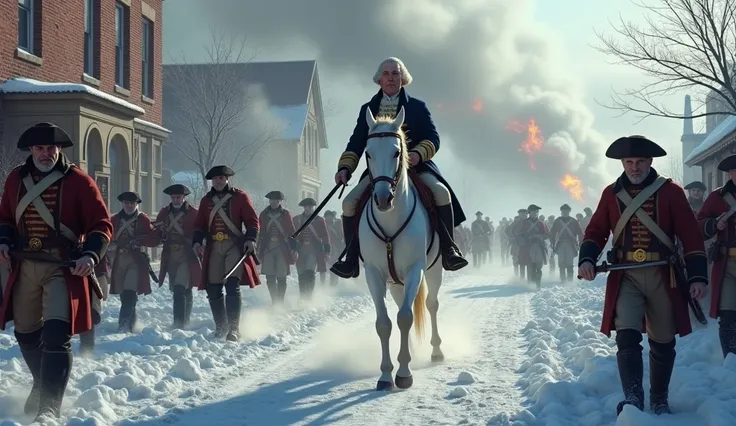 **Snow-Covered Trenton During the Revolution**: A wintry, dramatic depiction of Trenton during the Revolutionary War. Soldiers in colonial uniforms trudge through snowy streets, with George Washington leading on horseback. Cannon smoke fills the icy air, a...