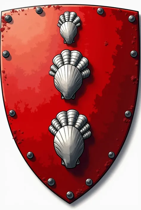 Blason héraldique rouge avec seulement trois coquilles saint-jacques argentées orientées vers le bas et réparties deux en haut et une en bas