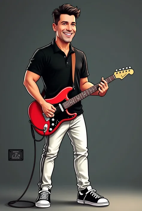  Create a cartoon image of a 35-year-old man   ,negro , short hair gradient ,   black polo shirt,   white Adidas jeans and sneakers with black details  , a red Fender Stratos guitar  ,   black details on the background a black plate with the name Joseph Gu...