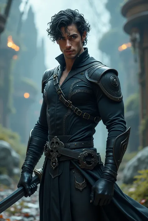 Take a picture for me with a sword in a black uniform in his hand,slim muscular physique with 8 cubes, about a man with dark curly hair ,  about a 25 year old man with blue eyes, into a fantasy world 