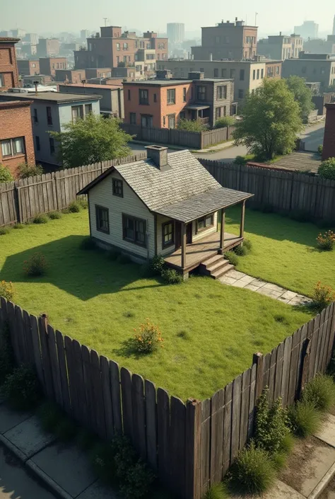 small realistic modest house in the middle of a very large fenced yard in a ghetto neighborhood 