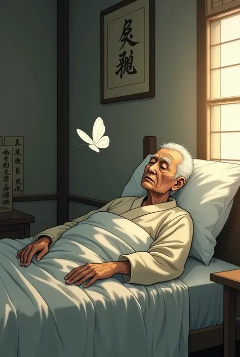 Sick old Japanese man in his bed a white butterfly flutters near him