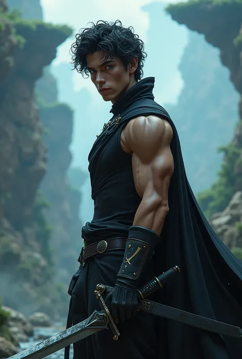 Take a picture for me with a sword in a black uniform in his hand,slim muscular physique with 8 cubes, about a man with dark curly hair ,  about a 25 year old man with blue eyes, into a fantasy world 