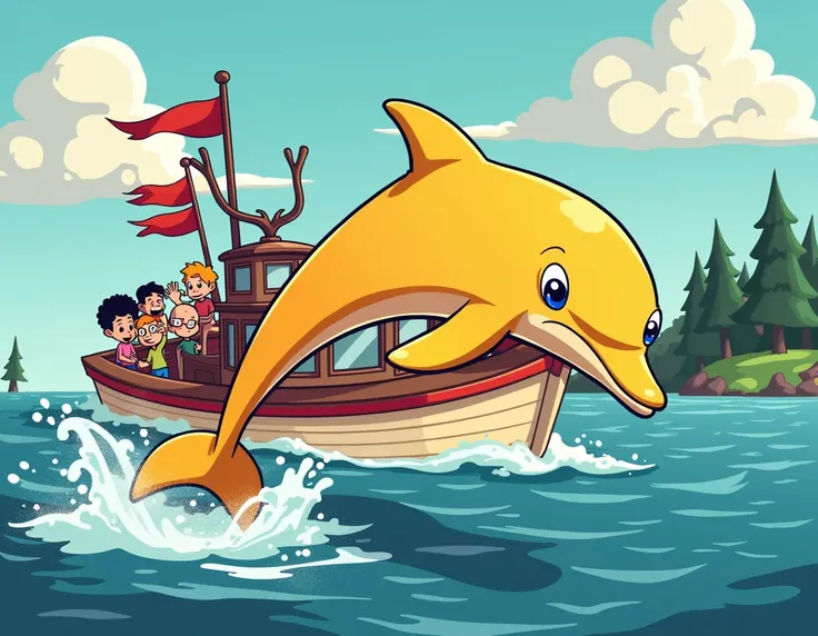  Colorful and cartoonish Gravity Falls style illustration .  A gold-colored dolphin jumps on the waves .  Throughout you can see a cream-colored boat with a red stripe, two antlers with two red flags .  The crew is a family that greets .