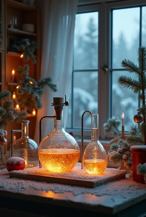 I want something more realistic: a Christmas image that has elements of studies and things of laboratories, without people, that stands out in a Christmas avore. 