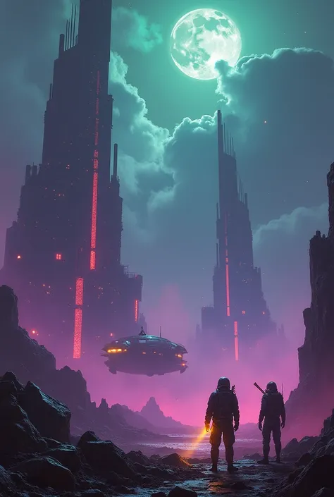 An enigmatic and atmospheric sci-fi landscape with lighting inspired by 80s and 90s films such as Blade Runner and Alien. Imagine a distant alien planet covered in dense fog, shot through with beams of neon light in vibrant shades of purple, blue and green...