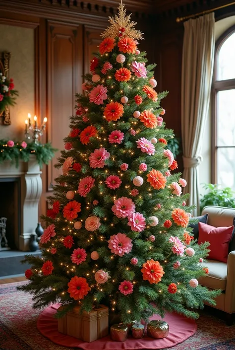 The Christmas tree is decorated with flowers 