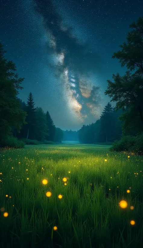 Prompt Magical Meadow
"An enchanted green meadow at night, glowing softly with golden fireflies scattered throughout tall grass. The Milky Way galaxy shimmers across the clear, dark sky, and dense trees border the meadow, creating a mystical and ethereal s...